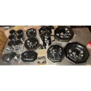 FULL SET 55-Piece Seizan Zen 7926 Black, Flowers China Set For Sitting - Seats 8
